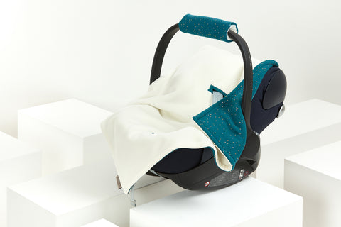 Couverture pour porte-bébé hiver mousseline pois dorés sur sarcelle