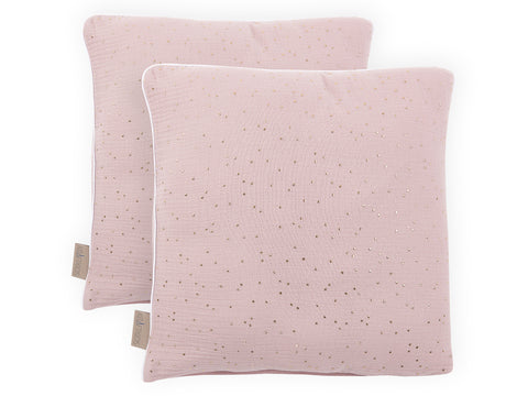 Housse de coussin mousseline pois dorés sur rose