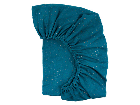 Drap housse mousseline pois dorés sur sarcelle