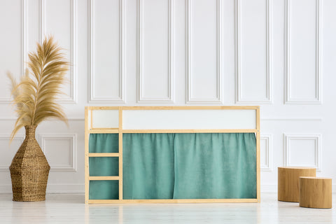 Ensemble de rideaux pour lit mezzanine 2+1 en mousseline bleu Nil adapté au lit Kura