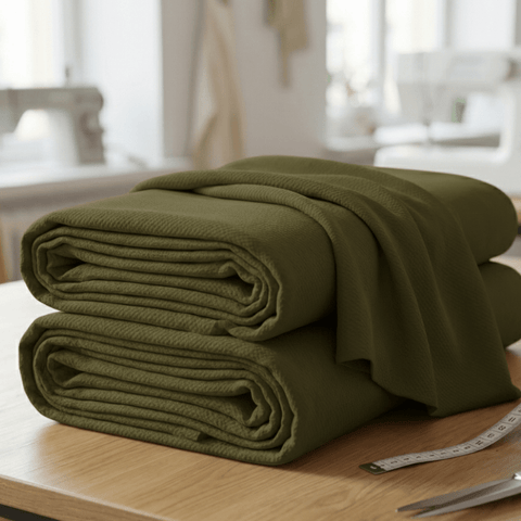 Zwei gefaltete KraftKids Wandpaneel abgerundet Doppelkrepp in olivgrün liegen gestapelt auf einem Holztisch in einem hellen Raum, im Hintergrund sind ein Maßband und unscharfes Nähmaterial zu sehen.