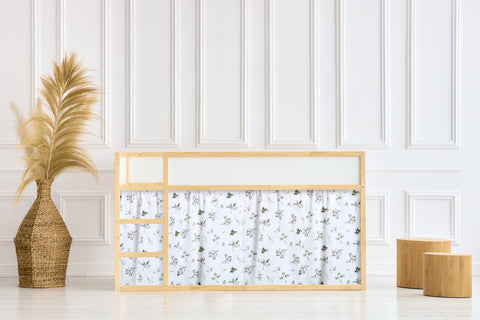 Ensemble de rideaux pour lit mezzanine 2+1 en mousseline, branches vertes et rouges sur fond blanc, adapté pour lit Kura