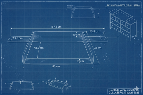 Plan à langer blanc compatible avec la commode GULLABERG 168 cm avec panneaux latéraux de recouvrement