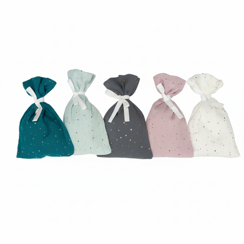 Adventskalender Musselin goldene Punkte Grün Grau Rosa Weiß