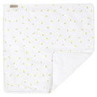 Eine weiße KraftKids Wickelunterlage Musselin mit gelben Zitronen, teilweise gefaltet und mit weichem Futter - ideal als kuschelige Unterlage für den Alltag.