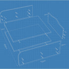 Das Diagramm im Blaudruck-Stil zeigt eine Explosionszeichnung des KraftKids Wickelaufsatzes weiß für Waschmaschine oder Trockner mit doppelten Boden, mit beschrifteten Abmessungen, Seitenteilen, Sockel, Schrauben, Dübeln und KraftKids-Logo und Kontaktinformationen unten rechts.