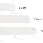 Drei graue KraftKids Bettschutzgitter Rausfallschutz in unterschiedlichen Längen (60 cm, 100 cm, 120 cm) sind nebeneinander auf weißem Hintergrund abgebildet. Jedes Gitter hat abgerundete Ecken, stabile Stützfüße und ist in der Höhe verstellbar - für einen sicheren Schlaf der Kinder.