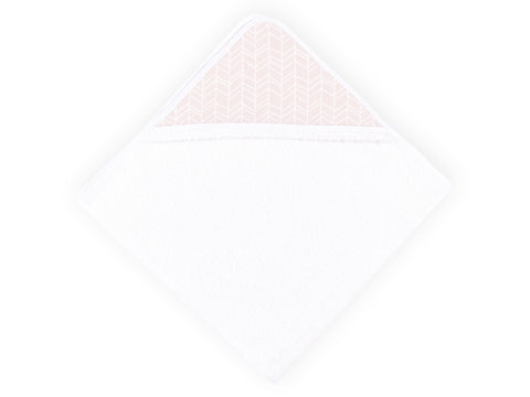 Serviette à capuche motif plume blanche sur rose