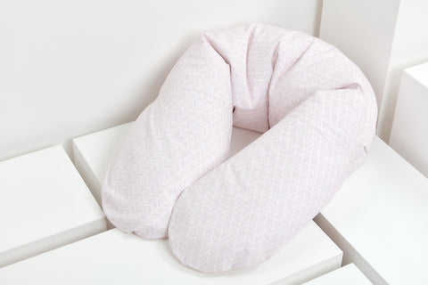 coussin d'allaitement de qualité motif plumes blanc sur rose