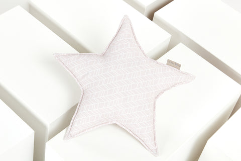 Coussin étoile motif plumes blanches sur rose