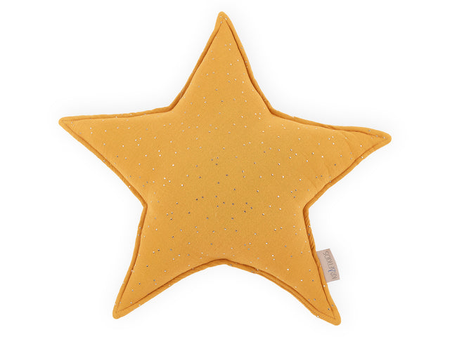 Coussin étoile mousseline pois dorés sur jaune