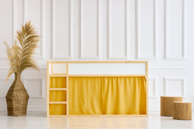 Ensemble de rideaux pour lit mezzanine 2+1 double crêpe jaune moutarde adapté au lit Kura